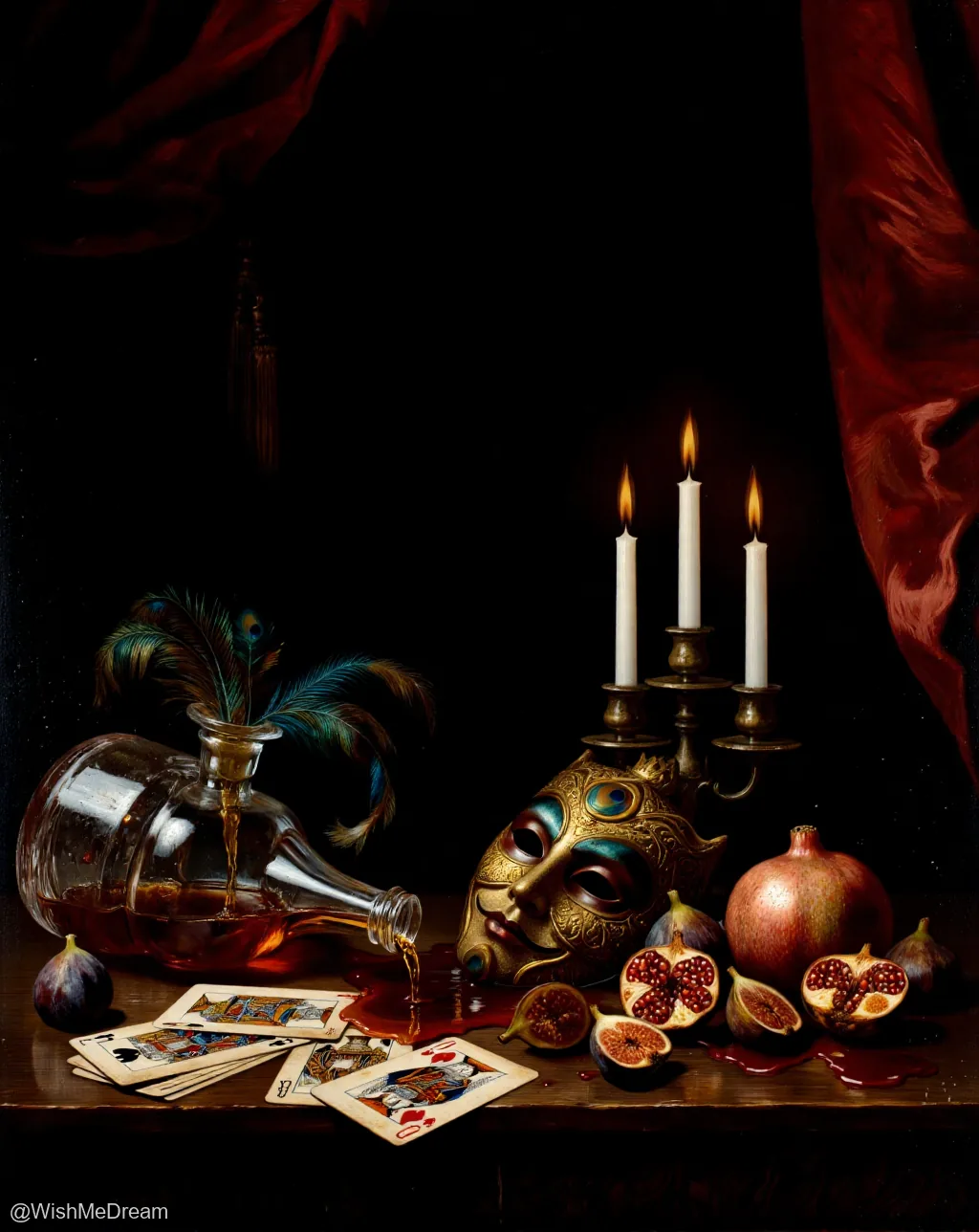 A baroque still life depicts a spilled decanter of red liquid beside playing cards, a golden mask with painted eyes, and halved pomegranates and figs—suggesting decadence, mystery, or a cursed celebration. The scene is lit by three candles against deep red drapery.