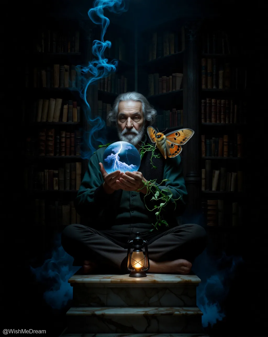 An elderly scholar sits cross-legged in a shadowy library, holding a glowing crystal ball crackling with lightning. A large orange butterfly perches on vines draped over his shoulder, while blue smoke spirals above him — all under the warm glow of an oil lamp.