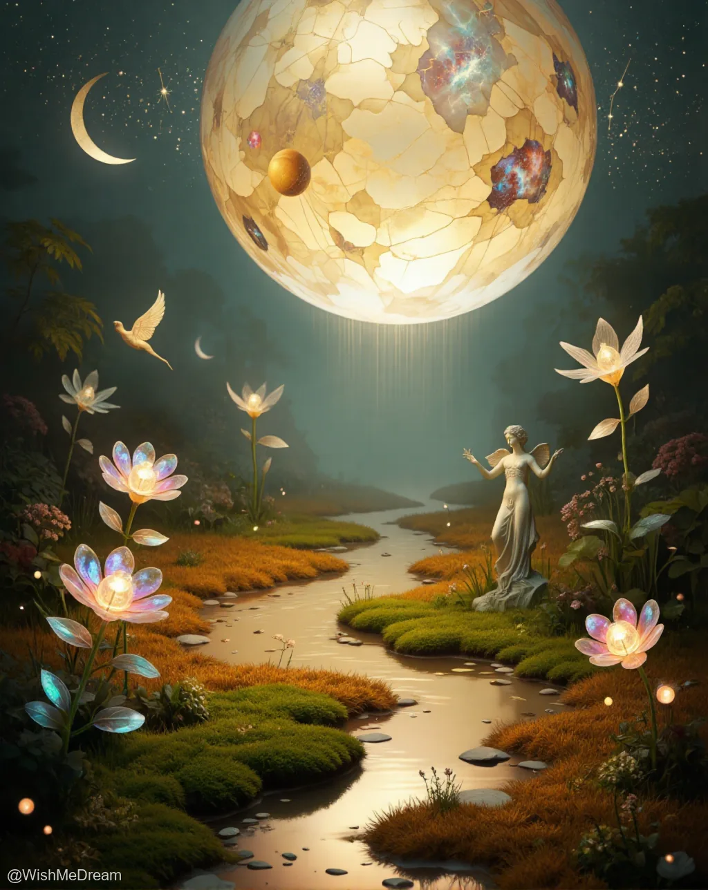 A surreal nocturnal landscape where a cracked, galaxy-studded moon hovers over a glowing creek, flanked by luminous flowers and an angelic statue. A lone bird flies past crescent moons in the starry sky.