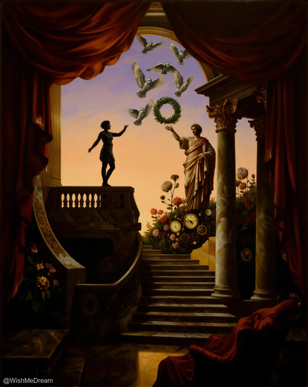 A silhouetted figure ascends a grand staircase to receive a laurel wreath from a classical statue, while a flock of white owls flies overhead against a sunset sky framed by heavy red drapes. At the base of the stairs, timepieces and flowers blend into a surreal composition.