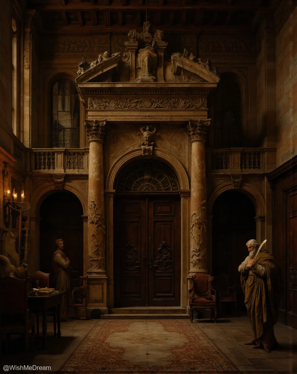 A grand, ornate Renaissance-style hall with towering columns and intricate carvings, where two elderly men stand silently— one by a heavy wooden door, the other near a table with untouched food — as if waiting for a decree that will never come.