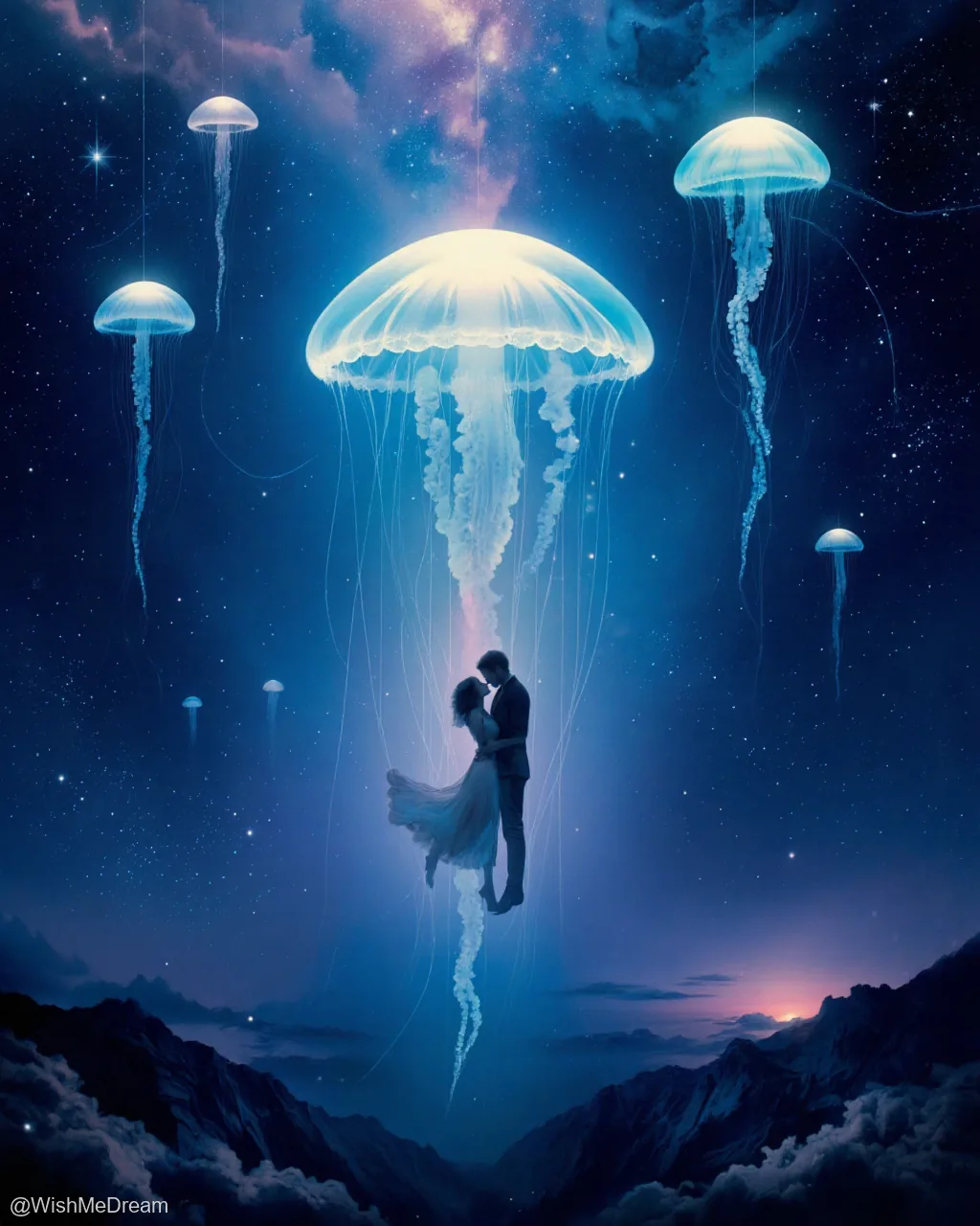 A couple kisses while suspended beneath a massive, glowing jellyfish drifting through a starry night sky above a mountainous landscape. Smaller jellyfish float around them like celestial decorations.