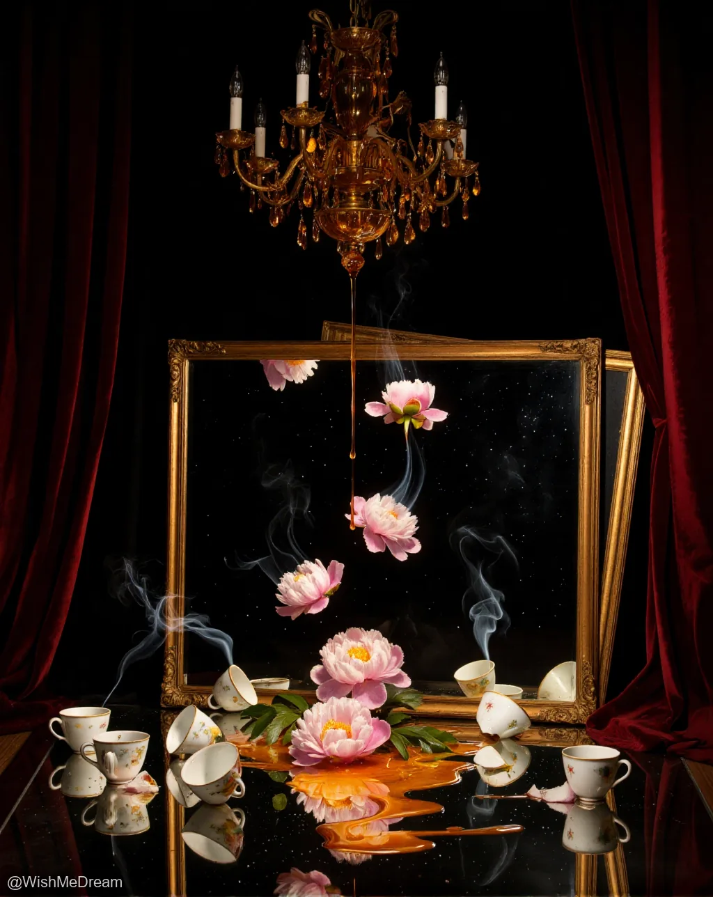 A surreal still life where delicate pink peonies float amidst smoke, spilling golden liquid onto a reflective surface while shattered teacups and an ornate chandelier hang above. The mirror reflects a starry void, contrasting with the opulent, decaying elegance.