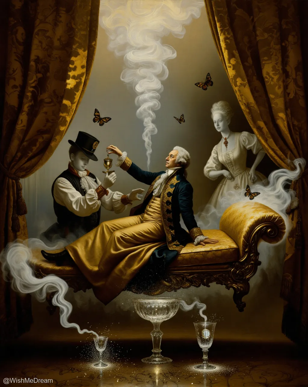 A powdered wigged aristocrat lounges on an ornate couch while a masked servant pours him a drink from a smoking goblet, surrounded by butterflies and ethereal smoke — his wife stands nearby, expressionless, as if she's part of the surreal tableau.