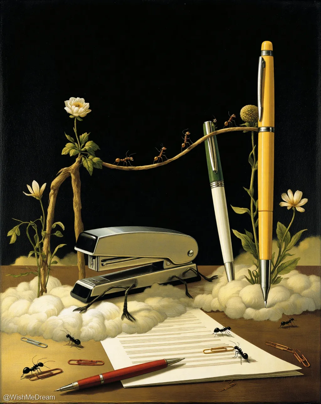 A surreal still life where ants march across a curved branch bridging two flowers, while a stapler with legs sits on cotton clouds beside office pens. Paper clips and documents lie scattered below, suggesting an insect-led corporate takeover.