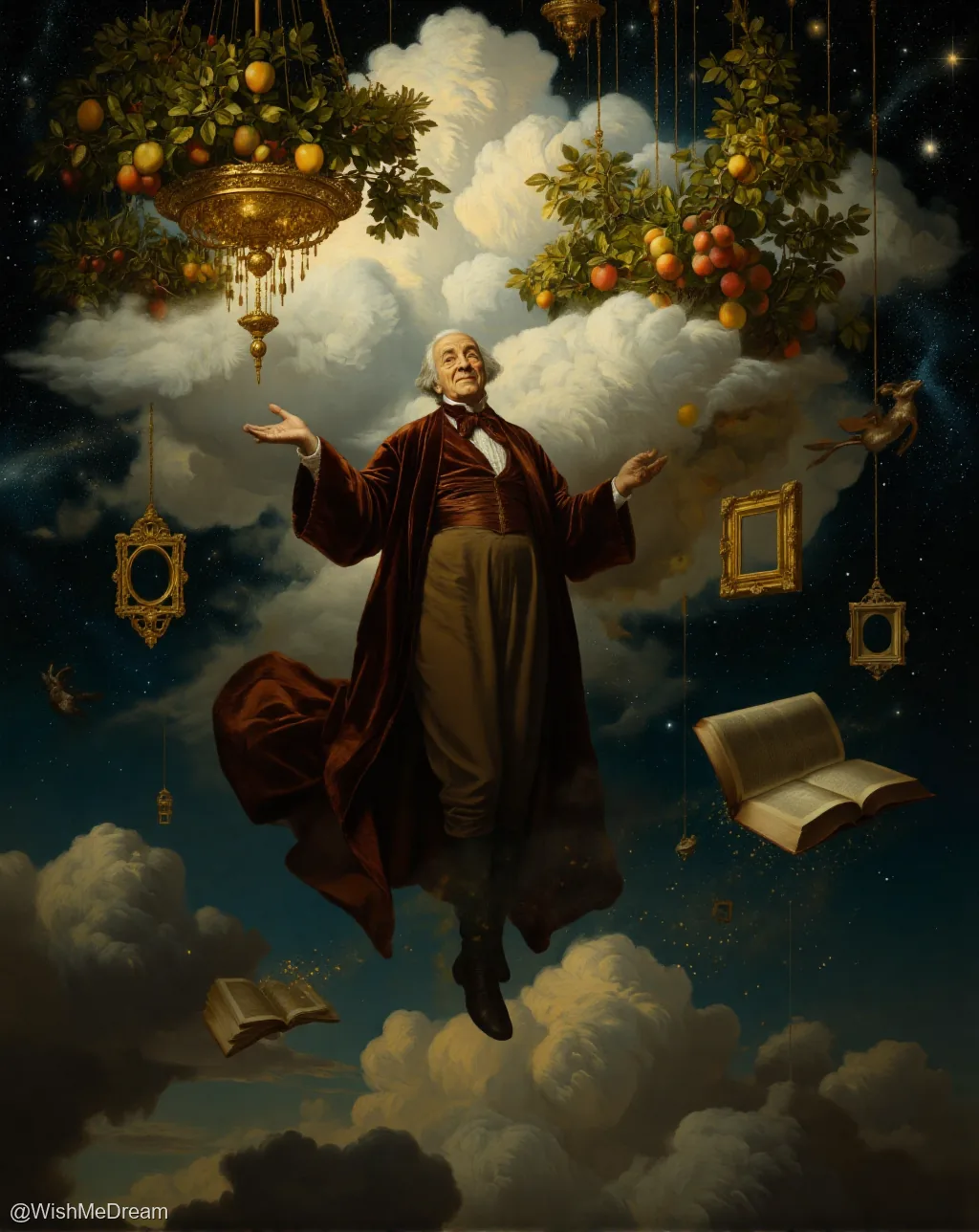 An elderly man in a velvet robe floats amid clouds and stars, surrounded by suspended fruit trees, ornate picture frames, and floating books—suggesting a surreal cosmic library where gravity is an optional accessory.