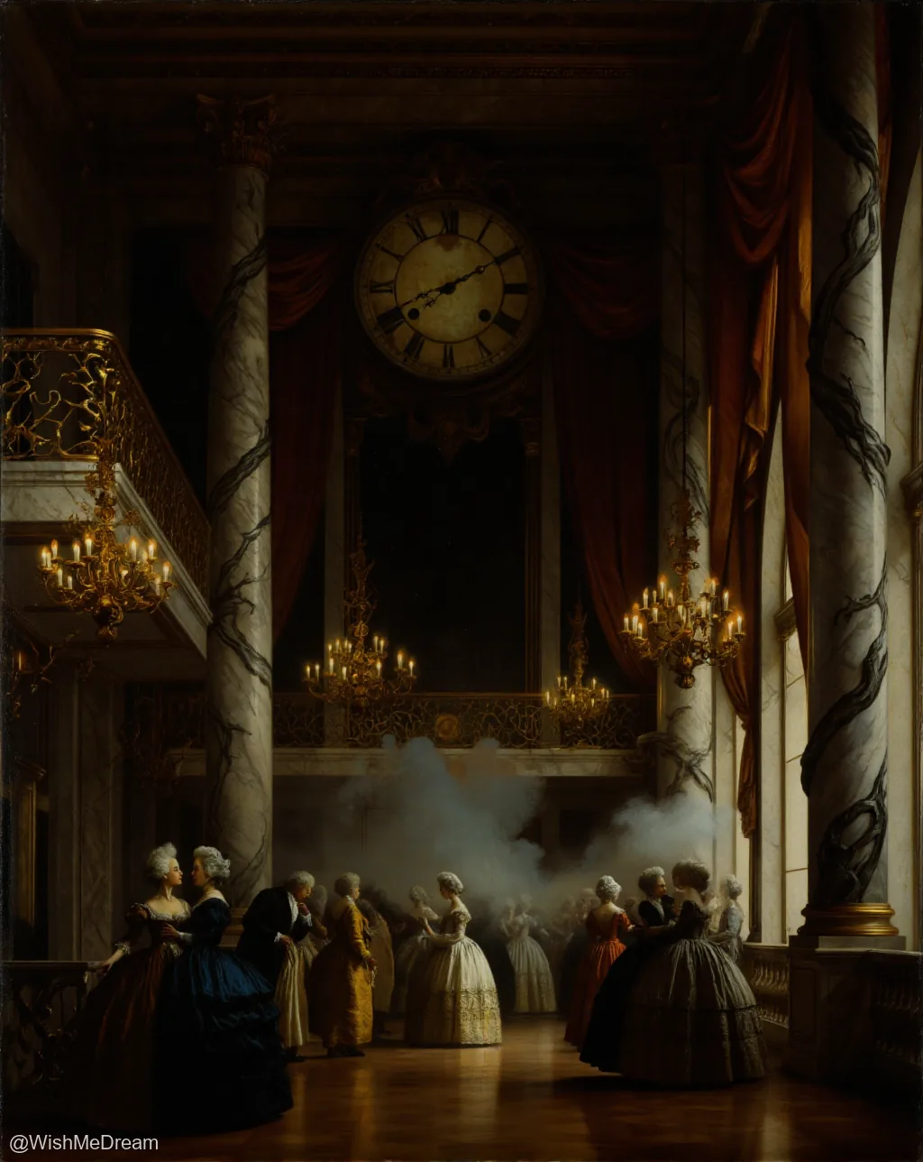 An opulent, candlelit ballroom where guests in powdered wigs and elaborate gowns stand frozen in horror as a giant clock looms above them, its hands spinning wildly while smoke billows from the floor like a forgotten incense burner.