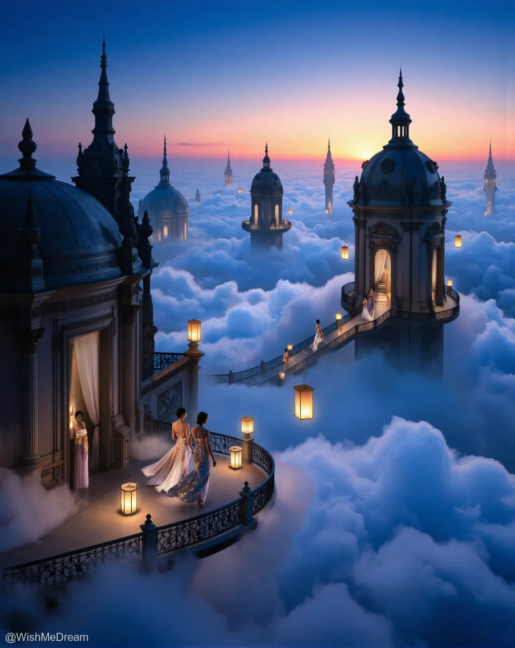 An opulent, baroque-style palace floats atop clouds at sunset, with figures in gowns strolling along illuminated balconies and staircases. Lanterns glow warmly against the cool blue and pink sky.