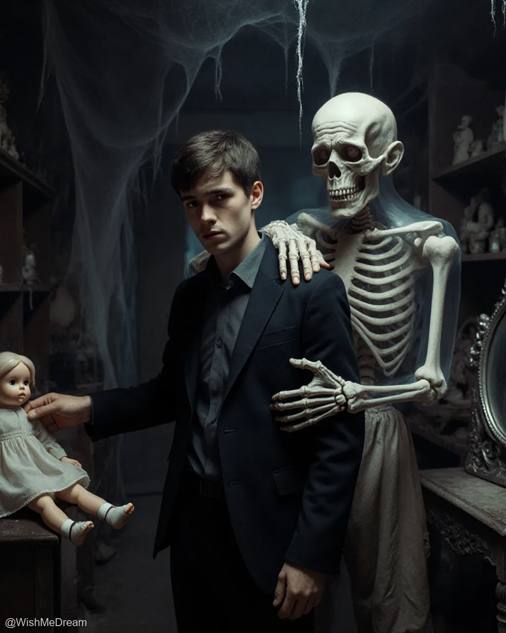 A young man in a suit stands calmly in a dusty, cobweb-filled room as a large skeleton rests its hand on his shoulder while he gently holds a porcelain doll. The setting is filled with antique furniture and eerie artifacts, creating an unsettlingly domestic atmosphere.