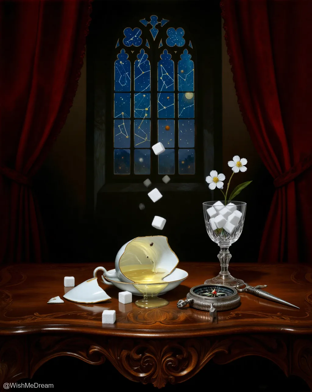 A shattered teacup spills golden liquid as sugar cubes defy gravity, suspended mid-air between a stained-glass window depicting constellations and a glass filled with more sugar and flowers. A compass lies nearby on an ornate wooden table framed by heavy red curtains.