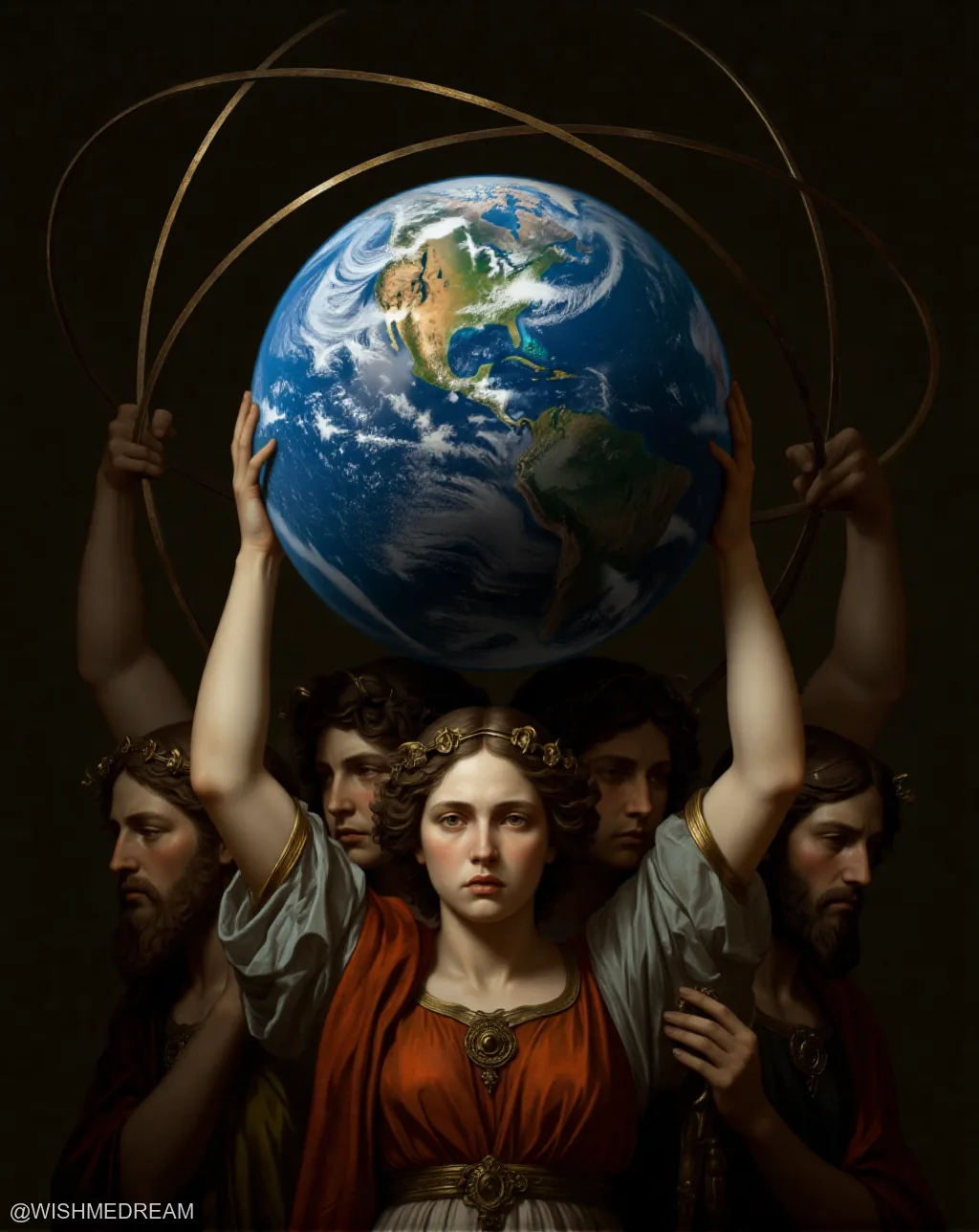 A group of classical figures, including a central woman in an orange robe, are holding up a detailed globe surrounded by golden rings resembling planetary orbits — a surreal fusion of ancient mythology and modern astronomy.