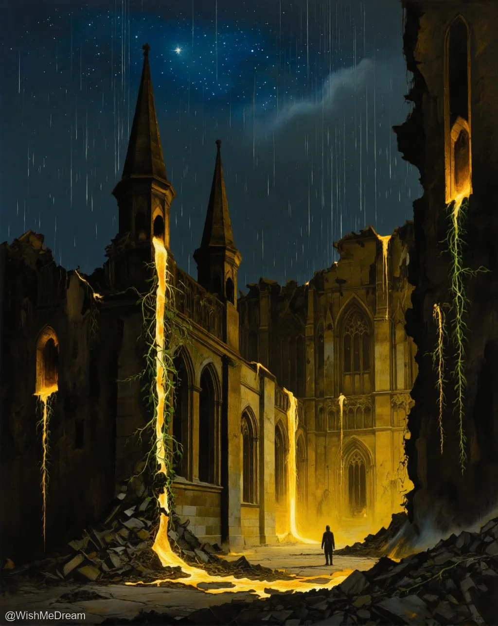 A lone figure walks through the ruins of a gothic cathedral at night, as glowing golden liquid cascades down its broken walls and arches, mingling with creeping vines under a starry sky.