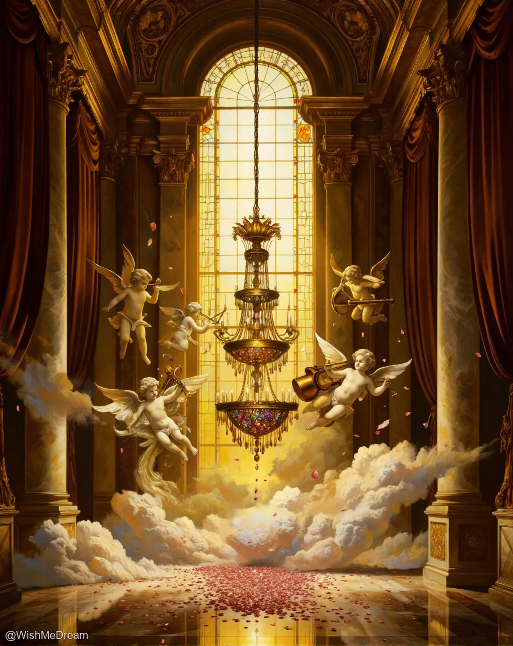 A lavish baroque hall where cherubic angels play musical instruments while suspended amidst clouds, all centered around an ornate chandelier that drips rose petals onto the marble floor.