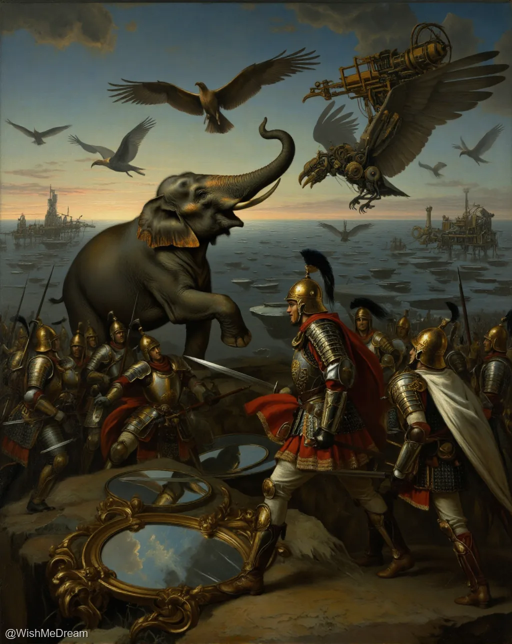 An armored Roman legion faces a colossal, airborne elephant while steampunk vultures with mechanical wings swoop overhead. A gilded mirror lies shattered at their feet, reflecting a sky that doesn’t match the scene.