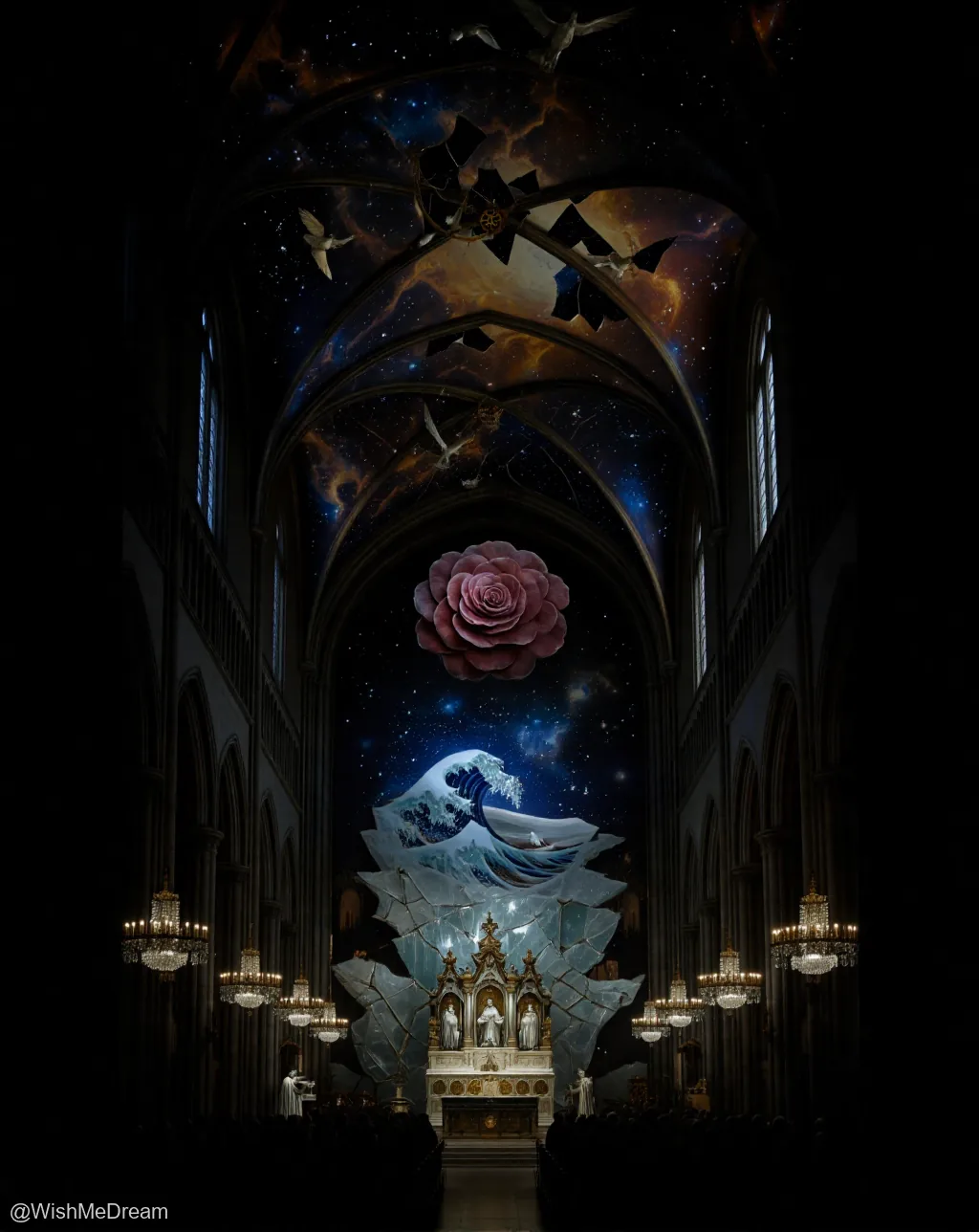A cathedral interior transformed into a surreal dreamscape where a giant pink rose floats above Hokusai's Great Wave crashing over an altar, while birds soar through a starry, nebula-filled vault.