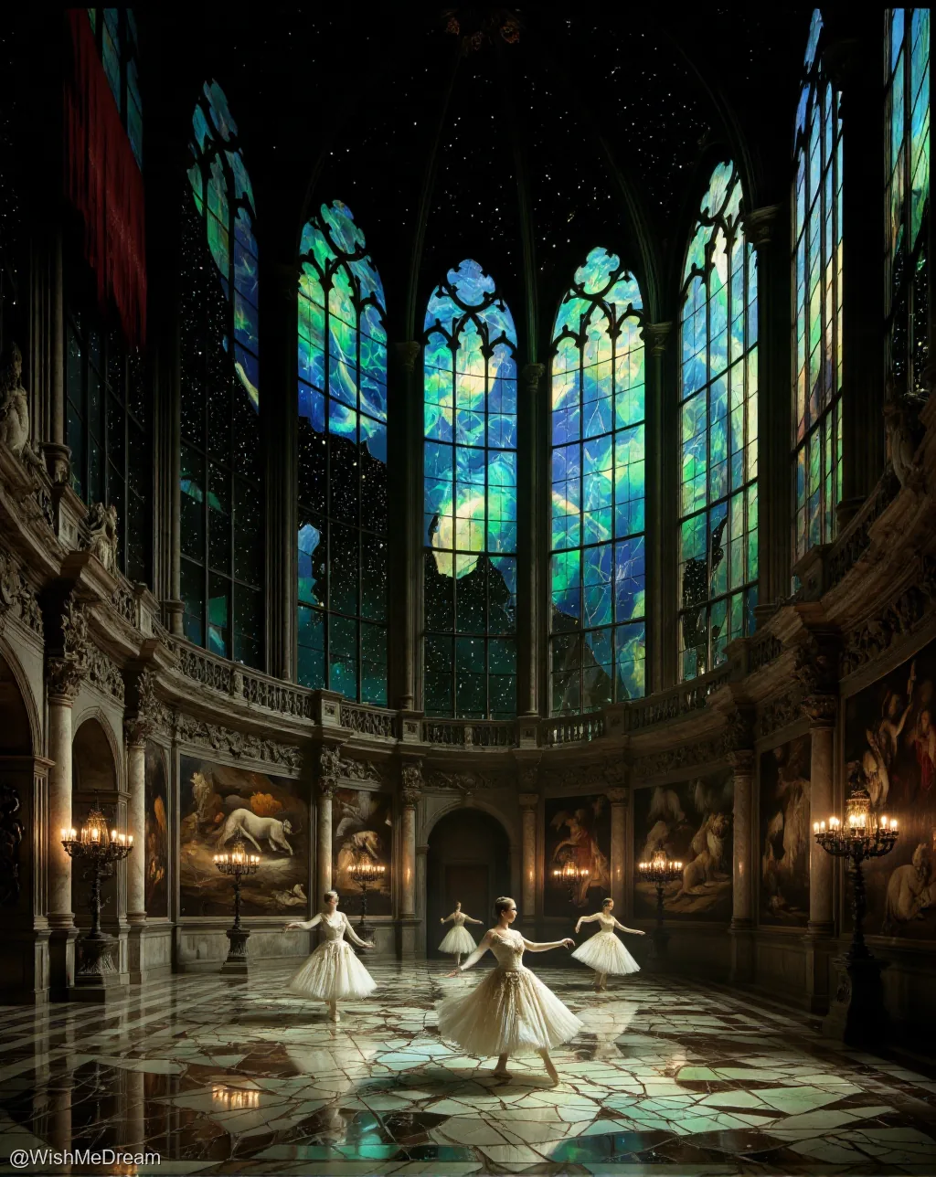 Three ballerinas in white tutus gracefully dance on a mosaic floor beneath towering stained glass windows that depict swirling galaxies and constellations, within an ornate baroque hall.