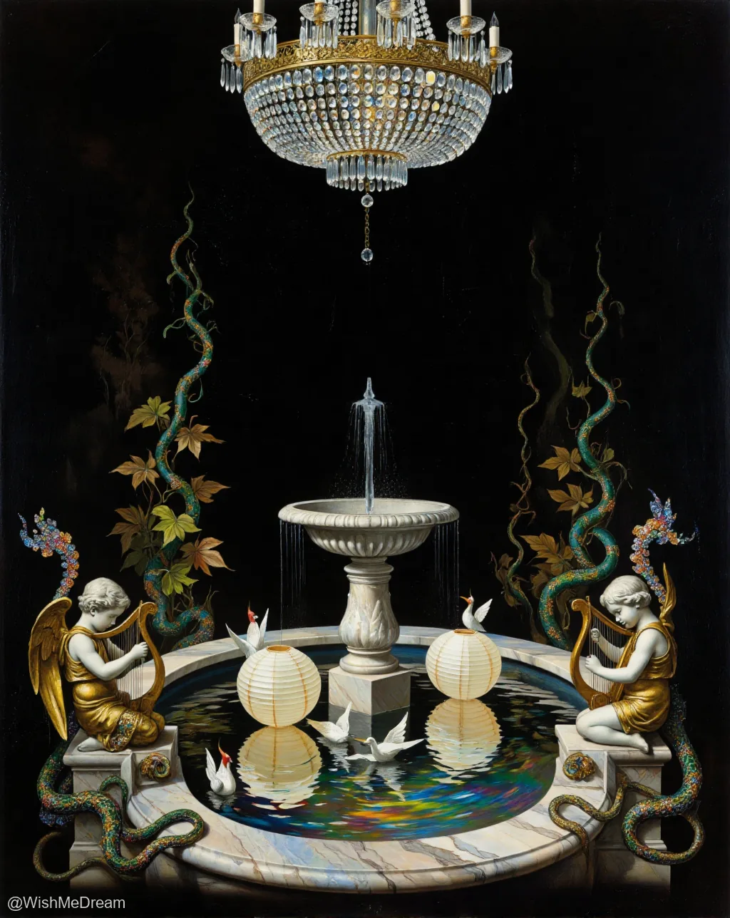 A grand baroque fountain with marble basin and ornate cherubs playing harps, flanked by coiled serpents adorned with foliage. A massive crystal chandelier drips water into the center while paper lanterns float in a rainbow-hued pool.