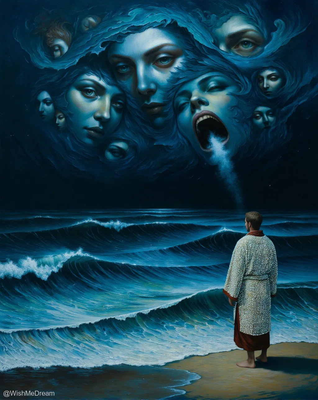 A solitary man in an ornate robe stands on a beach, facing a turbulent ocean that churns with ghostly, screaming faces emerging from the waves. One face is particularly animated — mouth wide open, exhaling a plume of water like a theatrical sigh.
