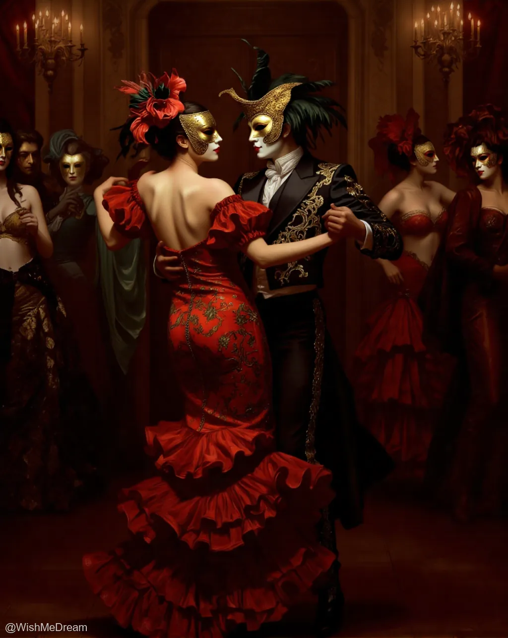 A couple dances intimately under chandeliers while masked guests observe in a richly decorated ballroom. The woman wears an ornate red gown with ruffles and her back is exposed; the man dons an elaborate black suit with gold embroidery and a feathered mask. The atmosphere is decadent, theatrical, and slightly sinister.