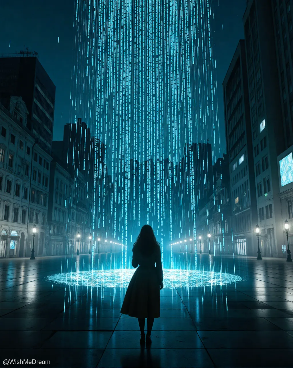 A lone figure stands in awe as cascading streams of glowing blue digital code rain down from a neon-lit urban canyon, illuminating the wet pavement below with an ethereal glow.