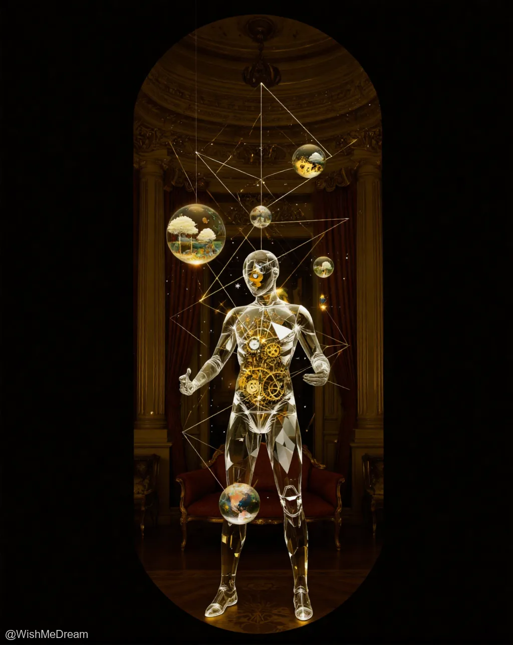 A transparent, crystalline humanoid figure with internal golden gears stands in a lavish baroque hall, surrounded by floating glass spheres containing miniature landscapes and celestial bodies.