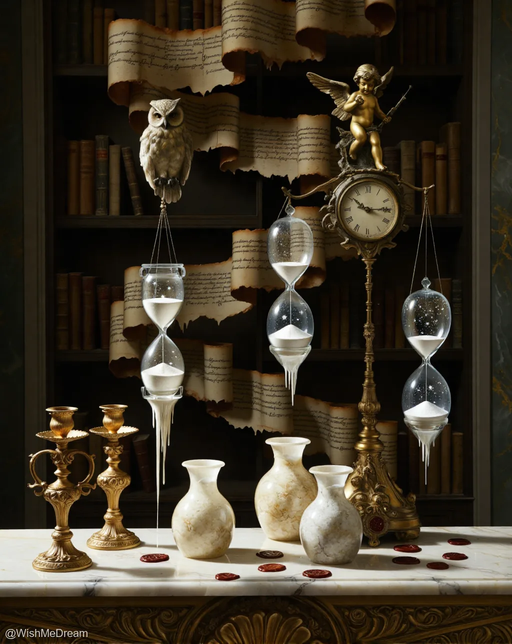 An opulent, surreal library scene where hourglasses hang from a clock and an owl statue, spilling sand like liquid secrets onto marble vases and wax seals. A golden cherub perches atop the timepiece as torn scrolls cascade from bookshelves.