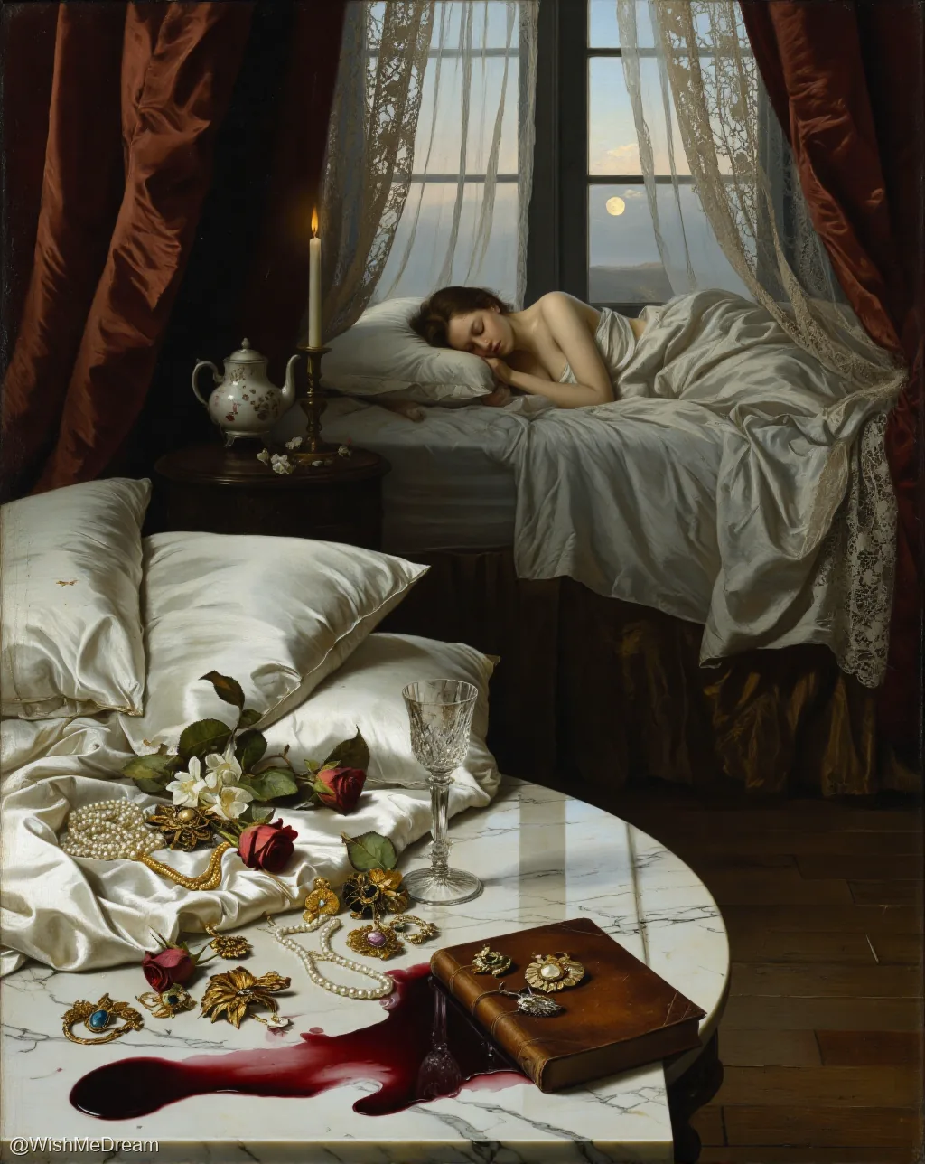 A serene woman sleeps in a luxurious bed as a spilled pool of blood stains a marble table littered with jewels and flowers — all under a window showing a pale moon. The scene is opulent, dreamlike, and subtly disturbing.