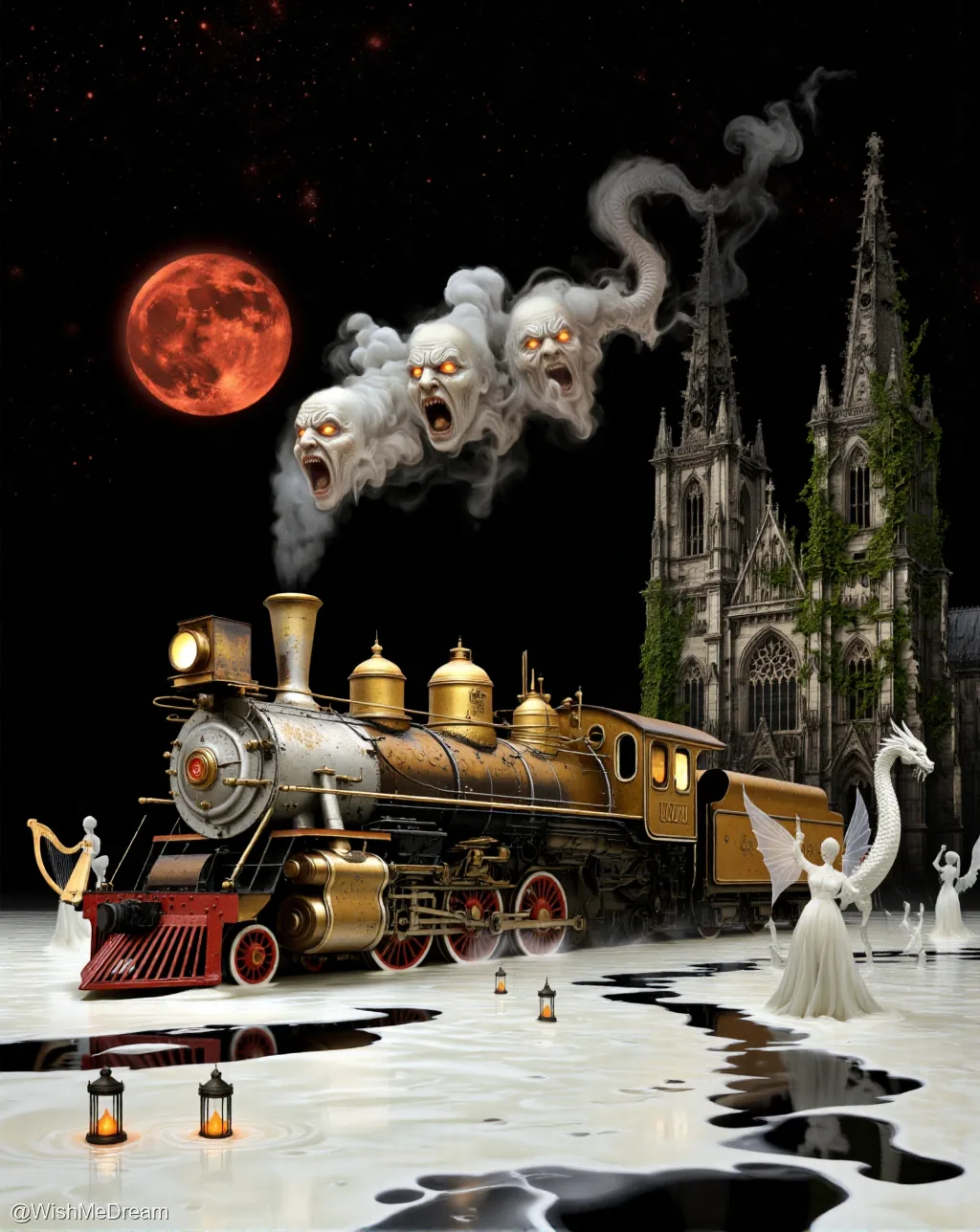 A vintage steam locomotive emerges from a surreal sea of milk and ink, its smokestack exhaling three screaming ghostly faces under a blood-red moon, while ethereal white figures with dragon wings stand in the liquid landscape beside an ancient gothic cathedral.