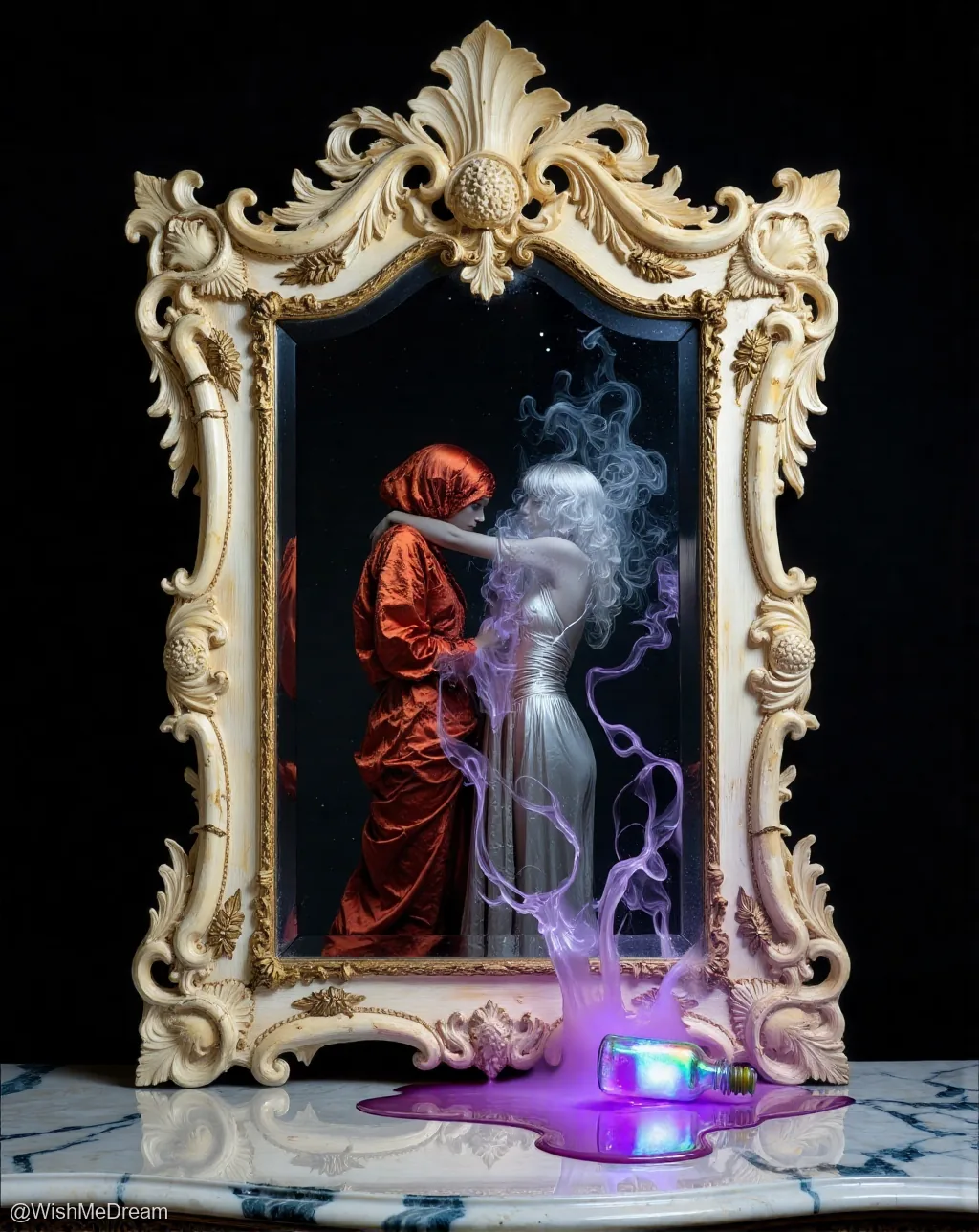 An ornate baroque mirror displays a tender, surreal embrace between two figures—one in red silk and one as a ghostly white apparition—while glowing purple liquid pours from the frame into a bottle below.