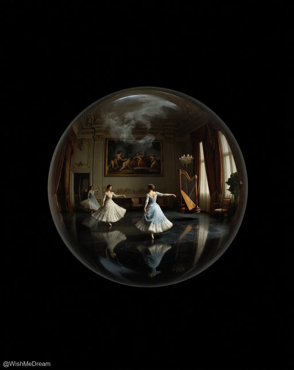 Three ballerinas in ornate gowns swirl within an opulent, baroque ballroom, all contained inside a perfect glass sphere. Their reflections shimmer on the polished floor, while smoke drifts above them like forgotten memories.