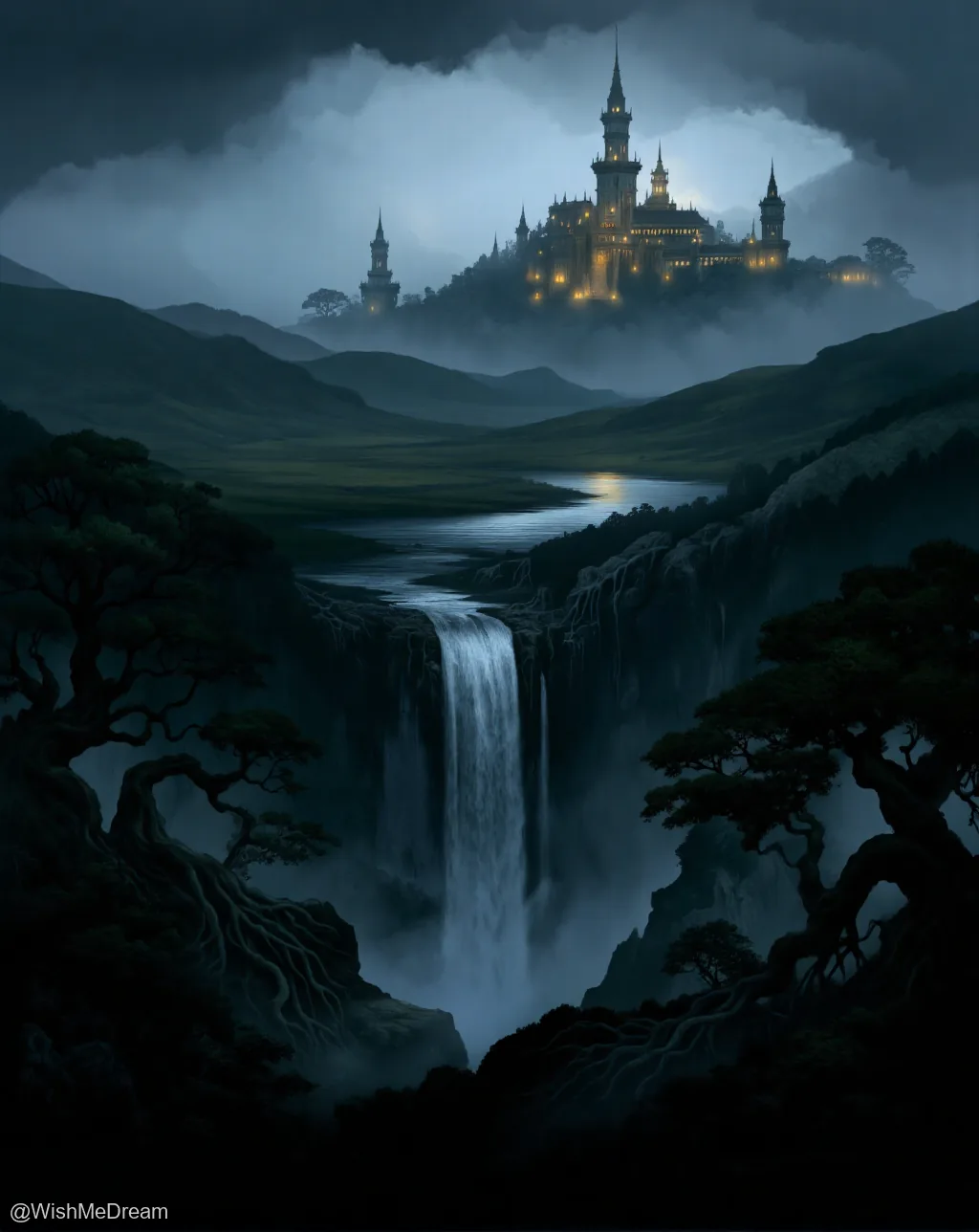 A majestic, glowing castle perches atop a mist-shrouded hill overlooking a dramatic waterfall that plunges into a deep chasm. Ancient gnarled trees frame the scene as storm clouds loom overhead, creating an eerie yet beautiful fantasy landscape.