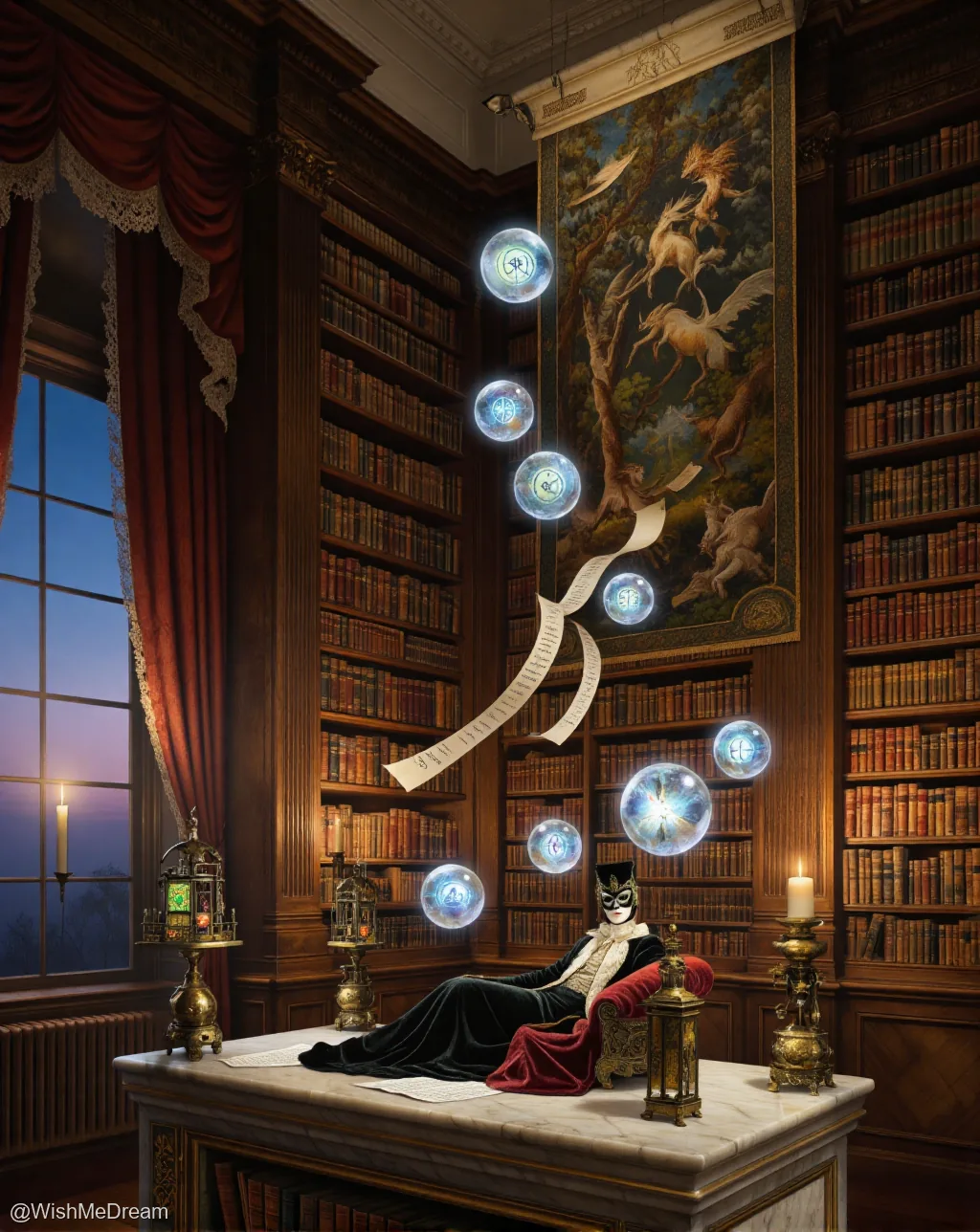 A masked figure lounges atop a marble desk in an opulent library, surrounded by floating magical orbs and cascading scrolls. Behind them, a tapestry depicts winged horses leaping through trees as if escaping reality.