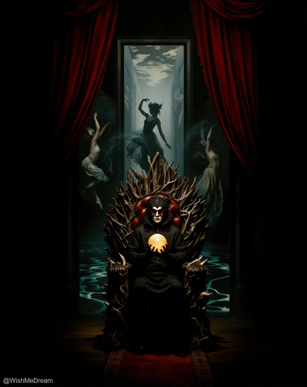 A masked figure sits upon a throne forged from twisted branches, holding a glowing orb while framed by red curtains. Behind them, ethereal ballerinas float in a surreal, watery void, their movements frozen in dramatic poses.