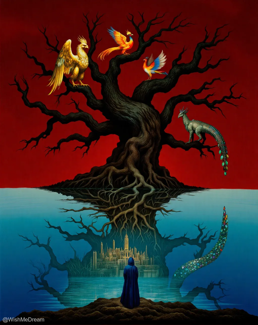 A lone figure in blue robes stands before a colossal, leafless tree whose roots plunge into water revealing an underwater city. Three fantastical birds perch on its branches against a blood-red sky, while a dragon-like creature coils below the surface.
