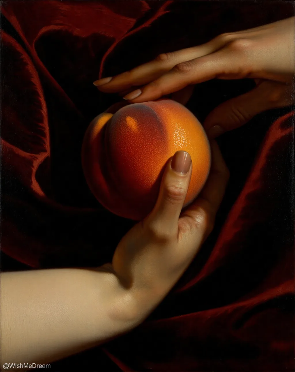 Two hands cradle a luminous peach against deep crimson velvet, rendered with Baroque chiaroscuro and hyperreal texture that blurs the line between flesh and fruit.
